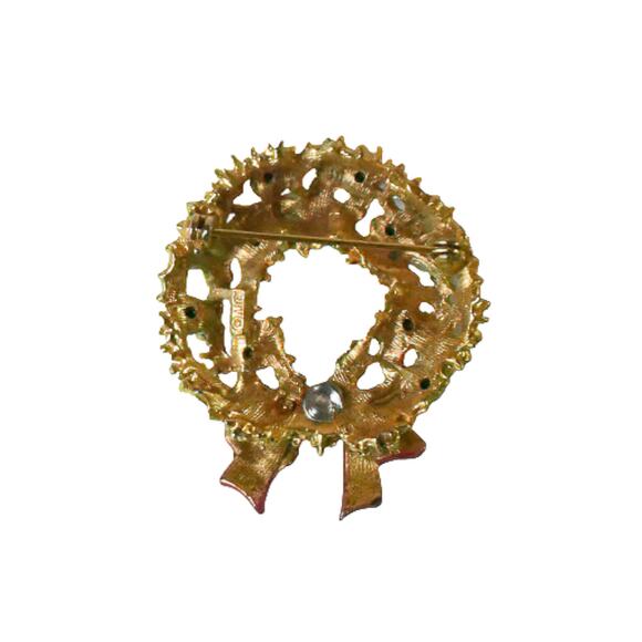 1960s ART Enamel on Metal Multi Color Rhinestone Christmas Wreath Pin Brooch - Picture 2 of 3